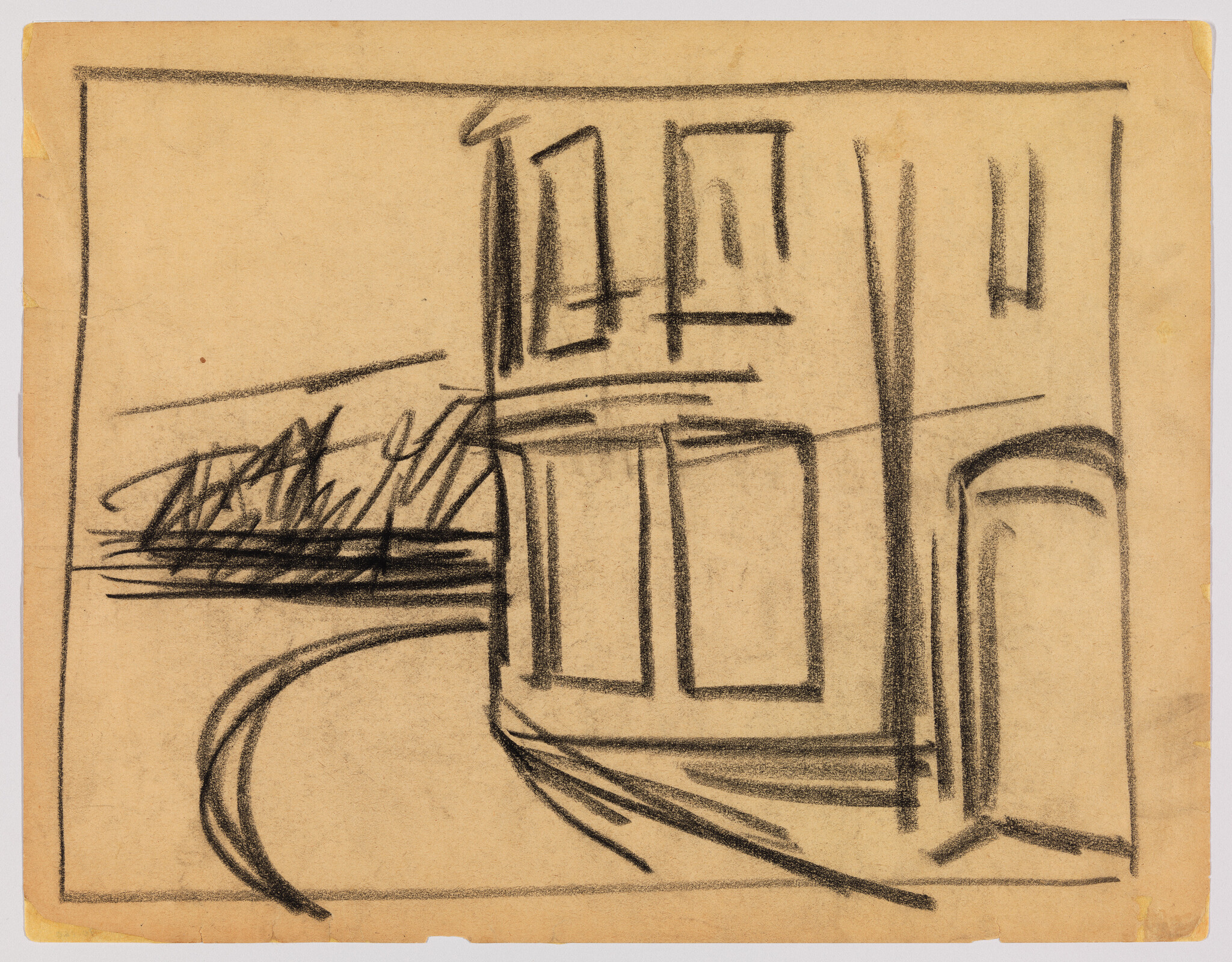 A charcoal sketch showing a curved street beside a building with tall windows.