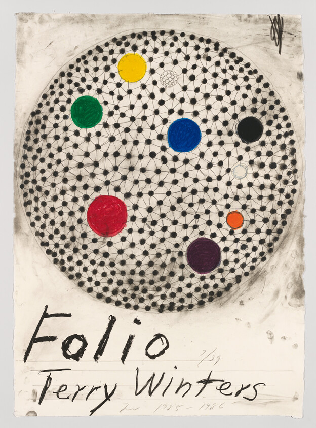 A piece of artwork featuring a large circle filled with a black and white grid pattern and several smaller, brightly colored circles in red, green, yellow, blue, black, orange, and purple. Below the circle, the word "Folio" is written in large, black letters, followed by "Terry Winters" and the numbers "2/3" and "1985-1986" indicating the artist's name and the work's edition and date. The background appears to be aged or weathered paper.