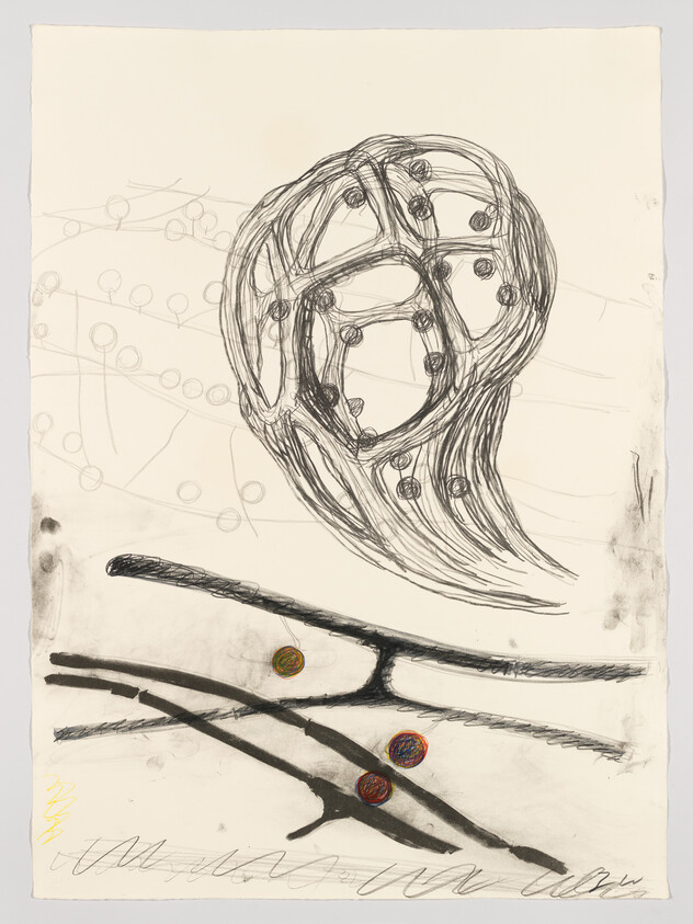 A sketch featuring abstract elements with a prominent circular motif filled with interconnected loops and dots at the top, and bold, dark lines resembling branches or sticks below, intersecting with three colorful, circular patterns that appear like marbles or cells. The background is a plain, off-white paper, and there are some light, sketchy lines and scribbles throughout. The bottom right corner includes a signature.