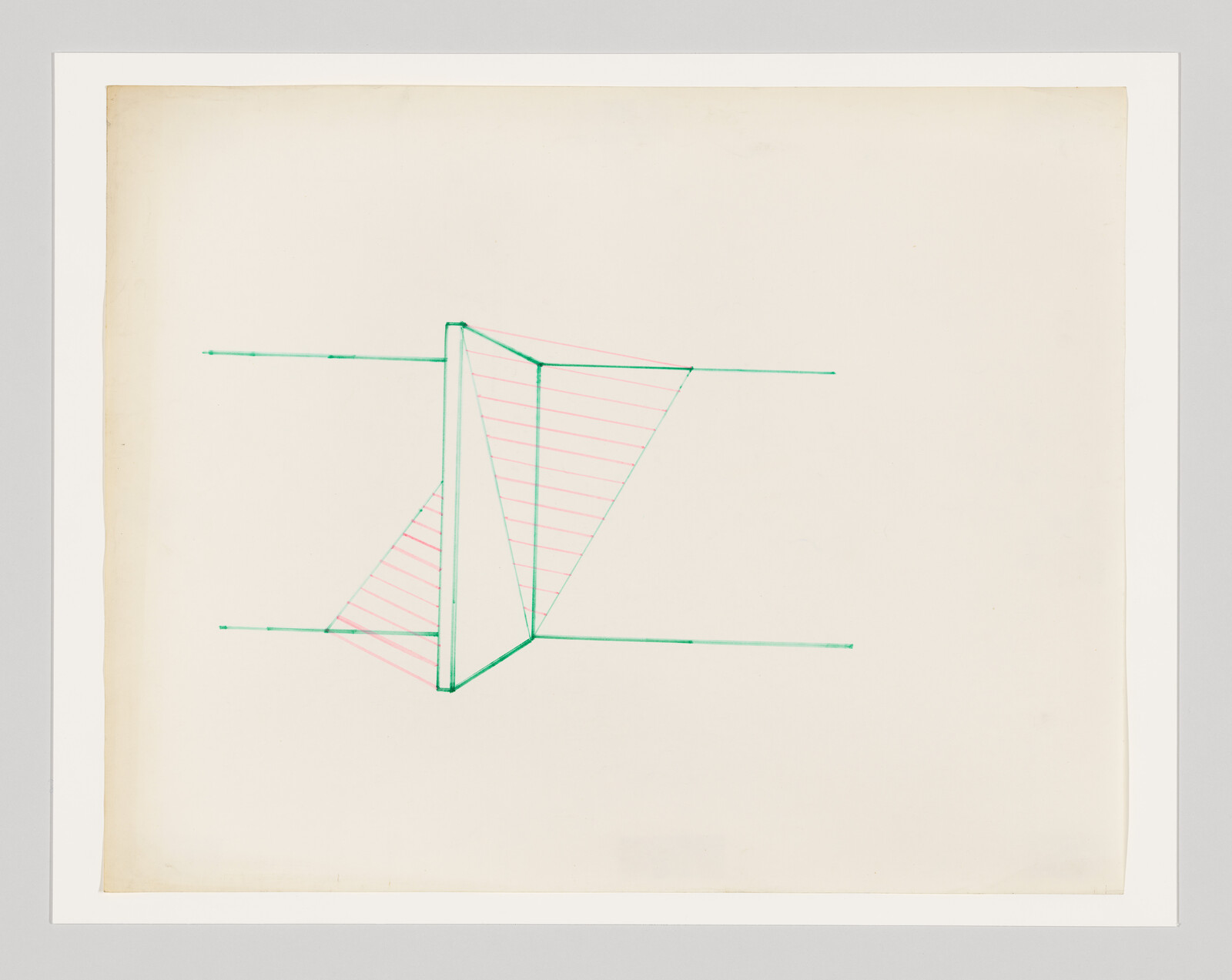 Green line drawing of a vertical prism and two triangular planes with pink hatched shading.