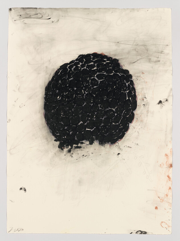 A dense, textured black circular mass centered on a white, smudged paper background.