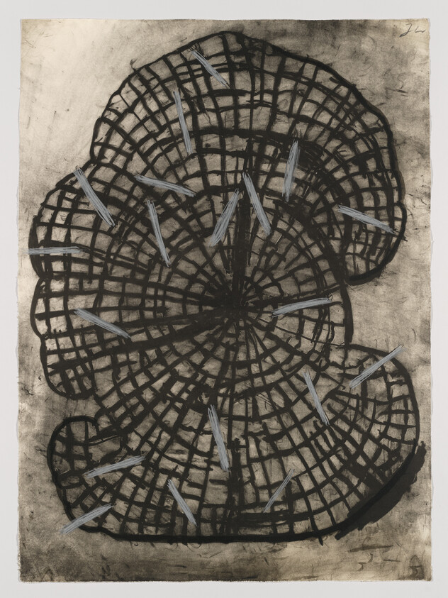 An abstract monochromatic artwork featuring overlapping circular patterns that resemble wire mesh or fan guards, with smudged and blurred lines creating a sense of depth and movement. The background has a textured, uneven wash of gray, adding to the artwork's gritty aesthetic.