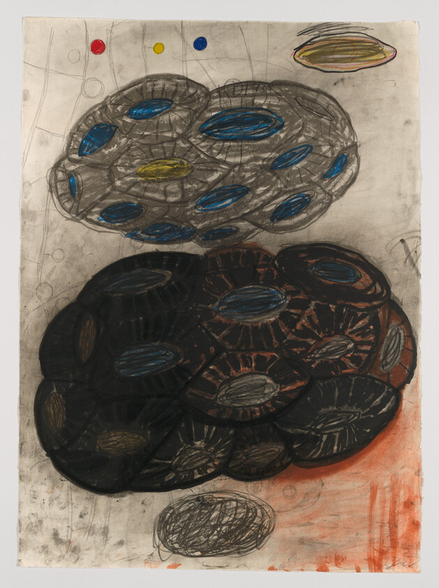 An abstract artwork featuring two clusters of overlapping circular forms, one rendered in shades of gray with blue and yellow accents, and the other in black with brown and blue details. The background is a textured beige with faint grid lines, and there are small, colorful circles and a sketched oval shape near the top. The right edge has a vertical streak of orange-red.