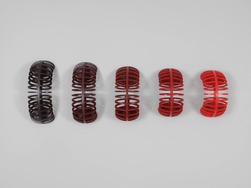 Five spiral hair ties in varying shades of brown and red are neatly arranged in a row against a white background.