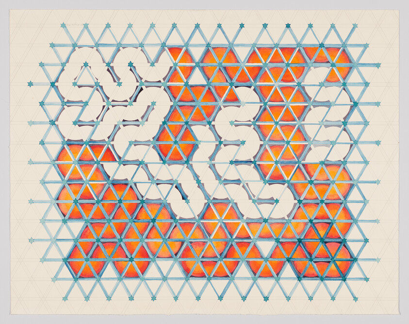 Blue triangular grid overlays orange hexagonal pattern with a winding white pathway running across the design.