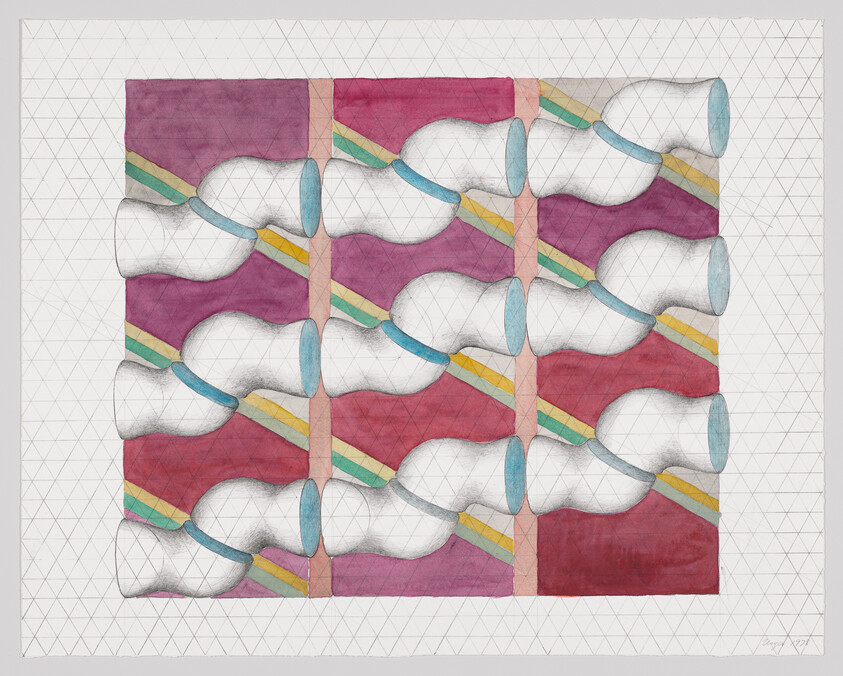 Pattern of interlocking white tubular shapes over red panels with diagonal yellow and green stripes.