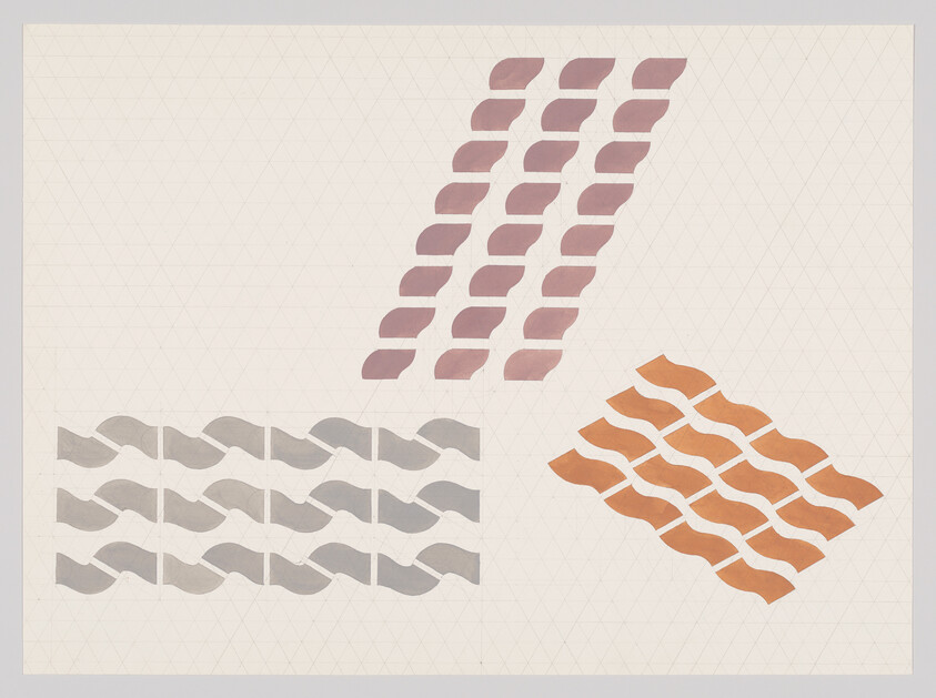 Three groups of curved tile shapes in purple, gray, and orange arranged on a pale grid background.