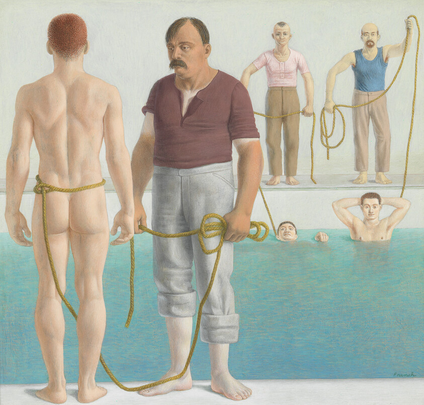 A group of men stand by a pool with ropes as one prepares to enter the water.