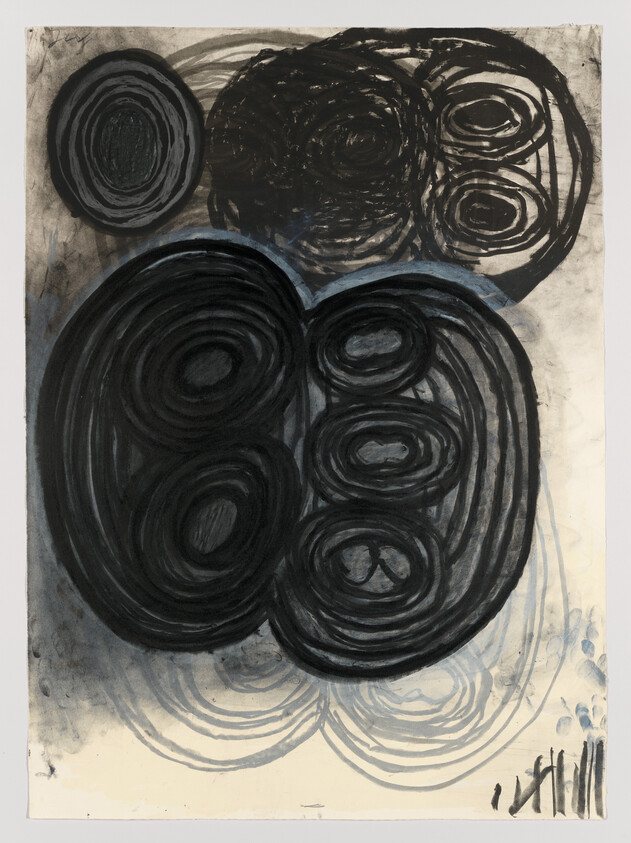An abstract painting featuring a series of dark, concentric circles and swirls on a textured, off-white background. The circles vary in size and intensity, with some appearing bold and others more faint. The artwork has a dynamic, fluid quality, and there are visible brushstrokes and drips throughout. The bottom right corner contains a signature or inscription.
