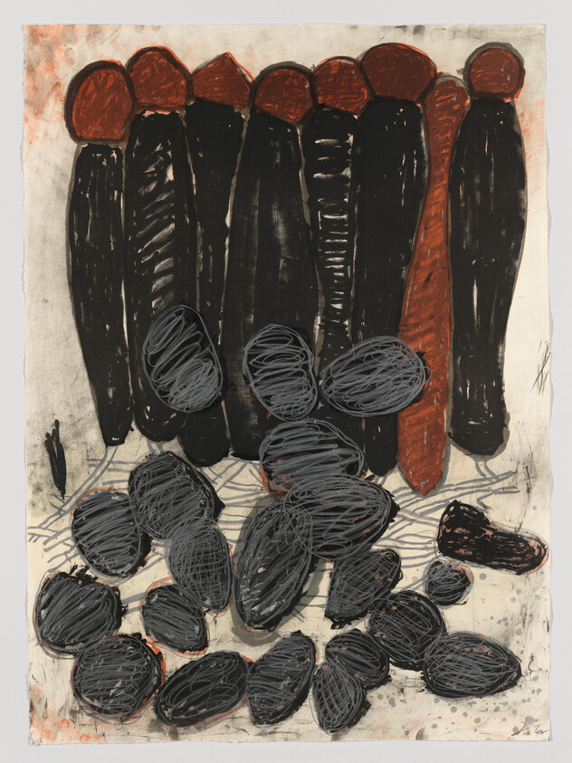 An abstract artwork featuring a series of elongated, dark figures with reddish-brown tops aligned vertically at the top, with a cluster of scribbled, oval shapes in black dominating the lower half against a muted, textured background.