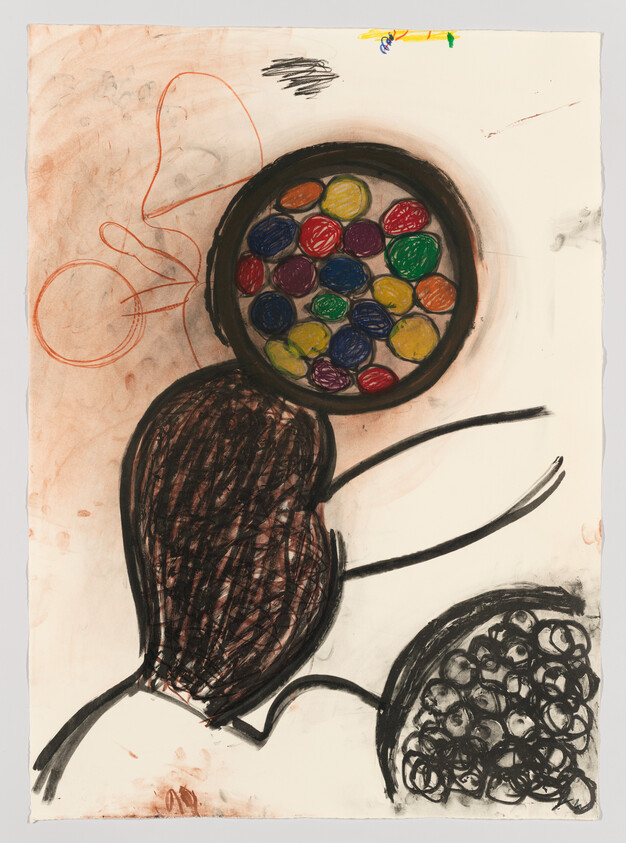 A childlike drawing featuring a large, roughly sketched figure in black with a fork and knife in hand, looking down at a plate filled with colorful, scribbled circles representing food. The background is a stained paper with a few random scribbles and a small drawing of a heart and a crayon.