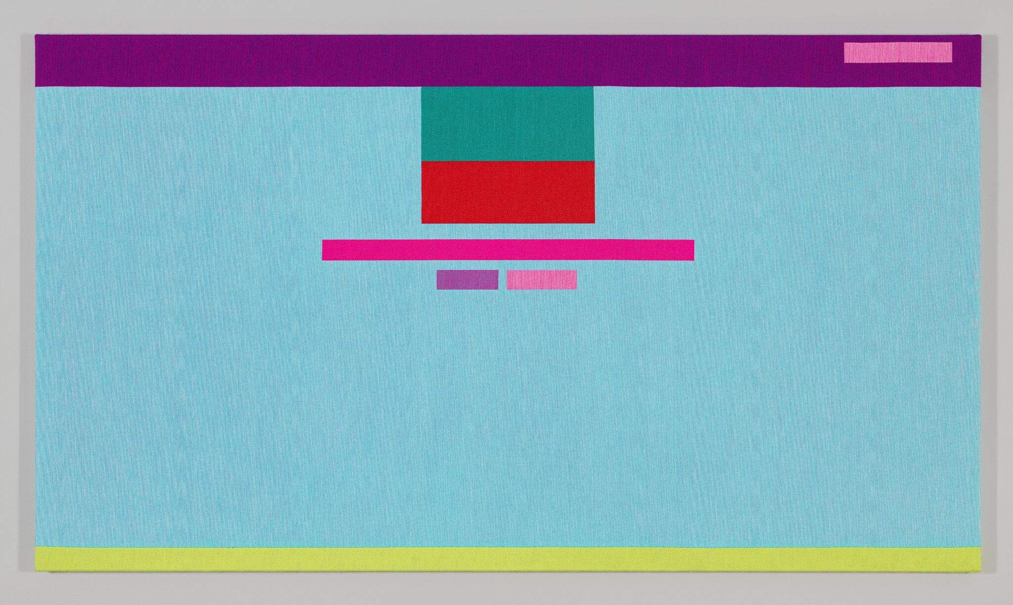 Abstract artwork with a light blue background, featuring horizontal and vertical rectangles in purple, red, green, pink, and yellow.