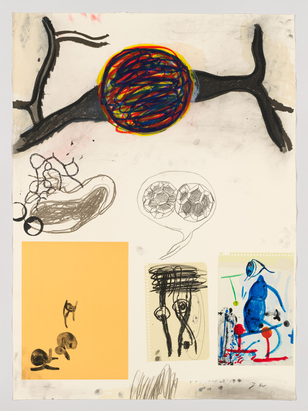 This is a mixed media artwork featuring a collage of various abstract elements. On the top left, there's a branch-like figure with a colorful, tangled circle at its center. Below, a scribbled shape resembling a speech bubble contains two geometric drawings. A solid mustard-colored square with three small, abstract figures is positioned on the bottom left. To the right, there's a section with black scribbles over a faint grid, and adjacent to it, a vibrant blue figure with red and yellow accents appears to interact with abstract shapes on a light blue background. The piece has a raw, spontaneous feel, with visible pencil marks and smudges on the white canvas.