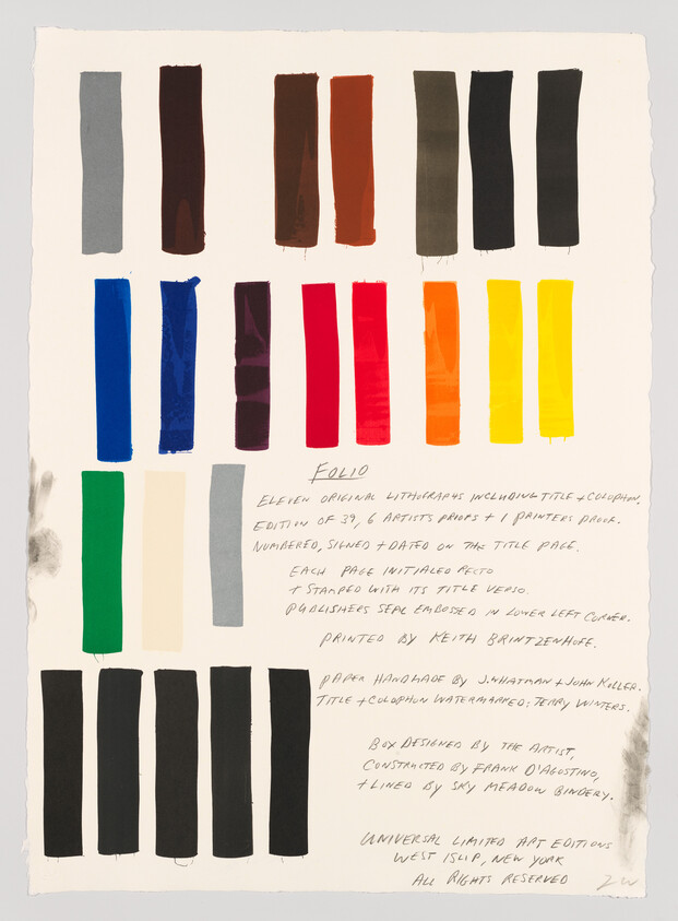 A print with rows of colorful vertical brushstrokes and descriptive text at the bottom.