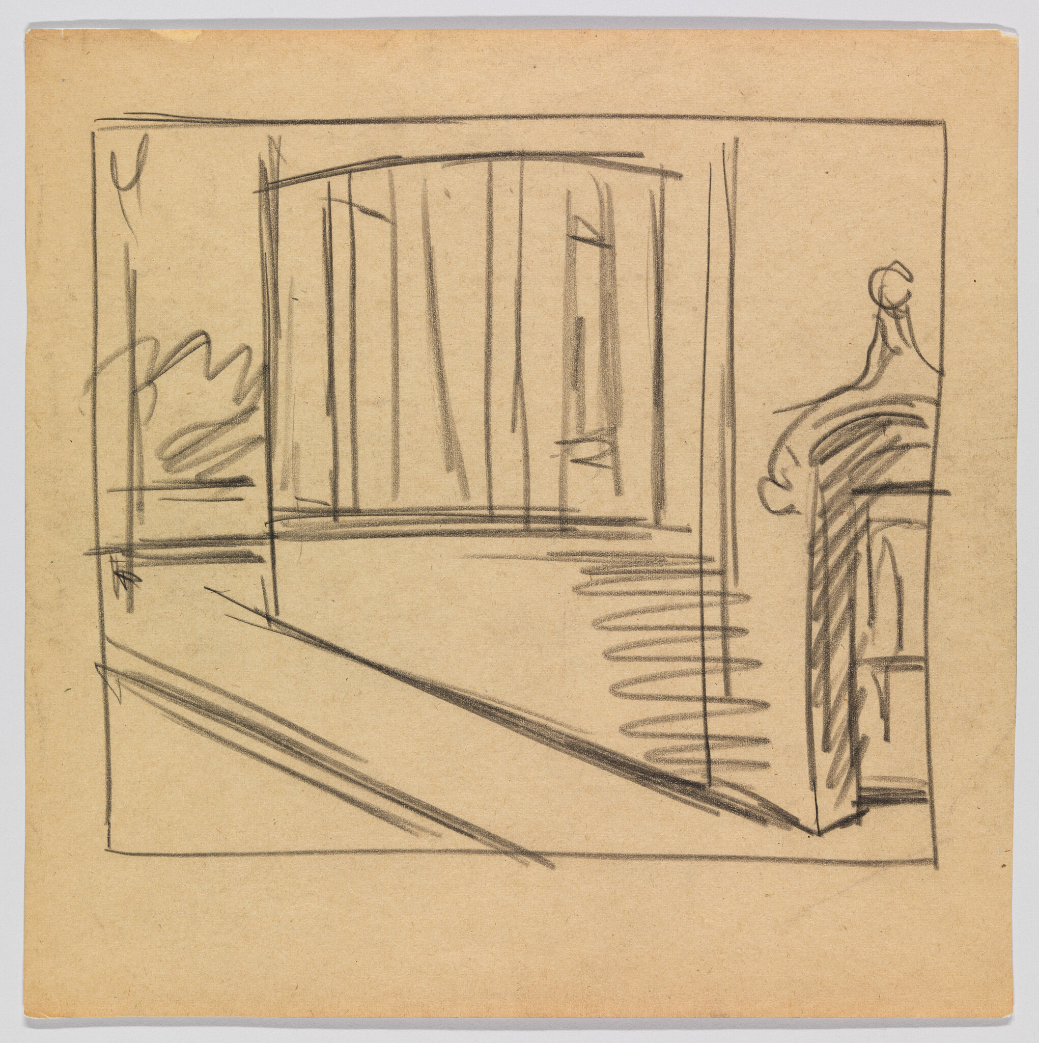 A rough pencil sketch of a room interior showing a large window, diagonal floor, and mantel.