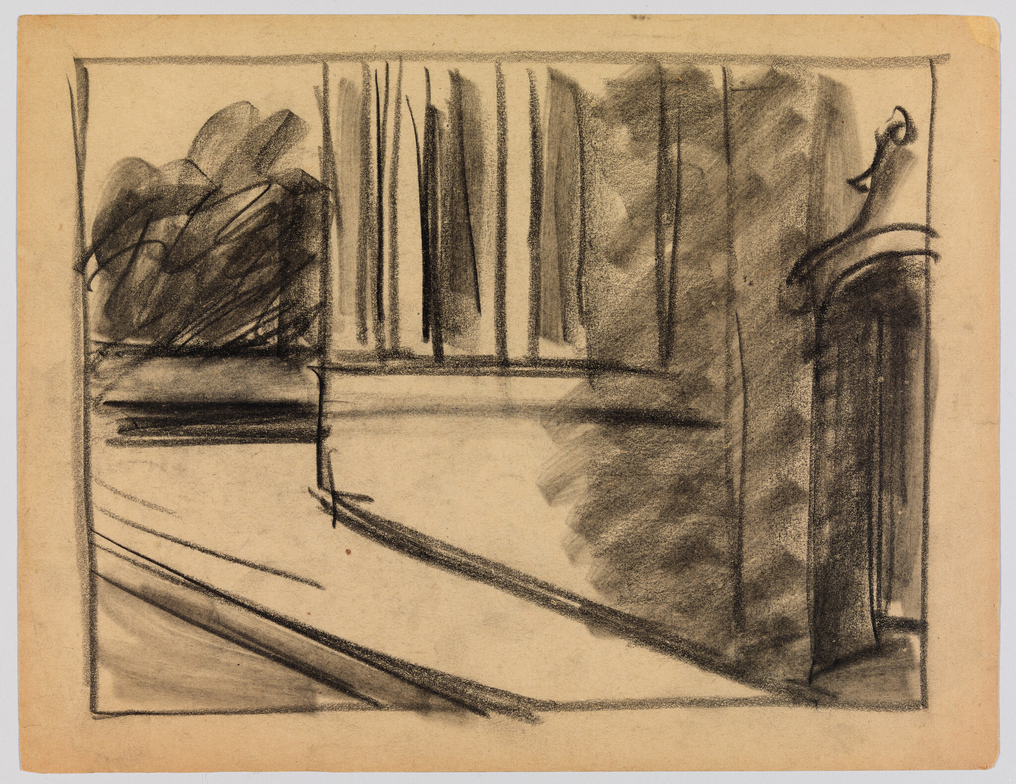 A charcoal sketch showing a building corner and shaded sidewalk with trees in the background.