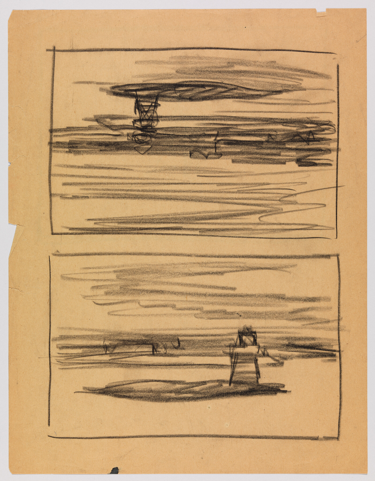 Two rough pencil sketches show a coastline with a small figure standing and looking toward the sea.
