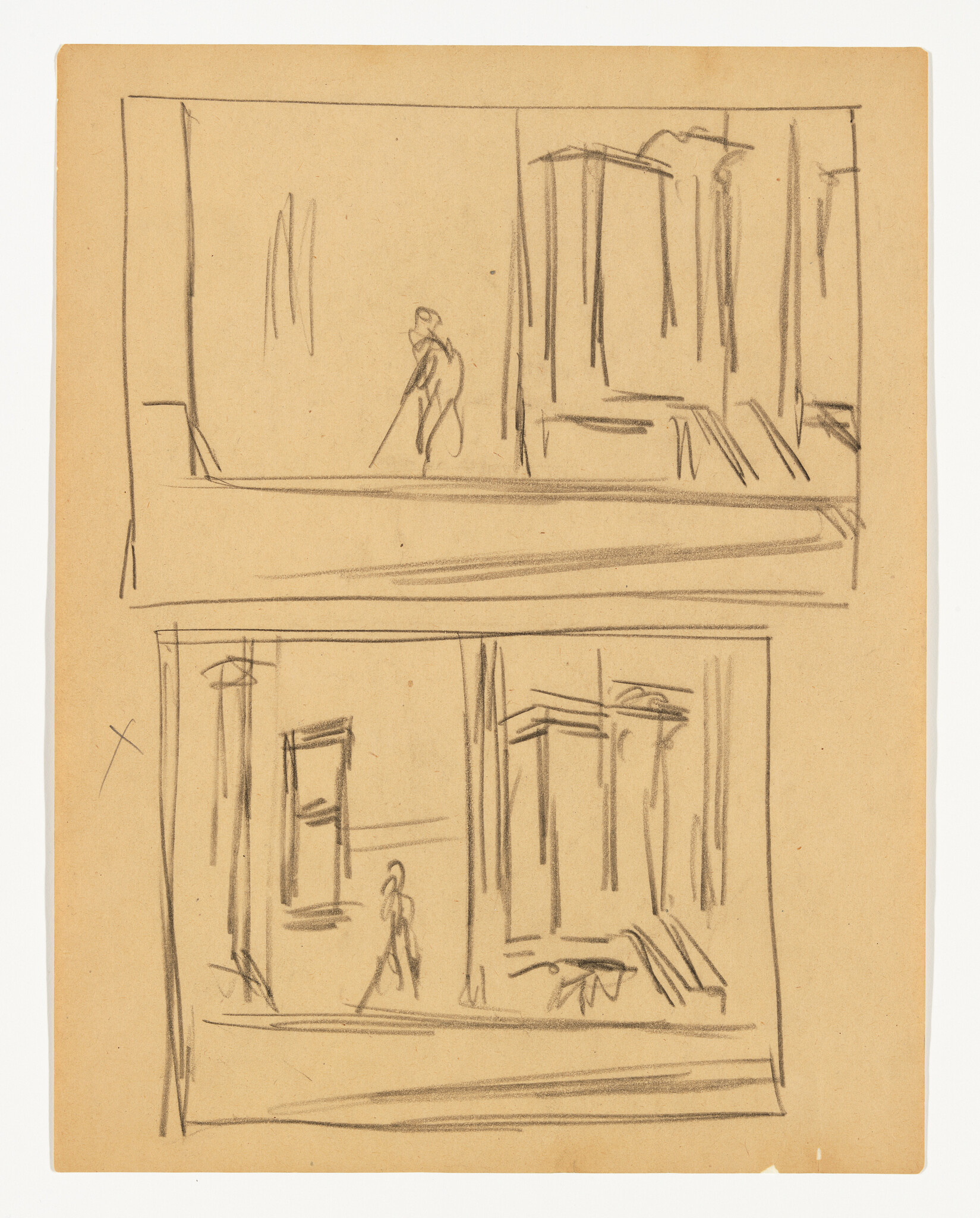 Two rough pencil stage sketches showing a small figure walking among tall column-like structures.