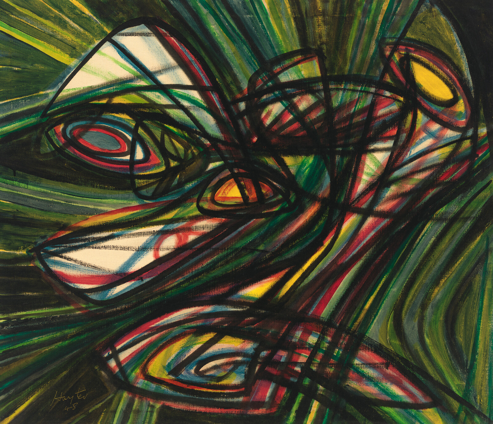 Abstract composition of swirling multicolored shapes and bold black lines radiating across a green background.