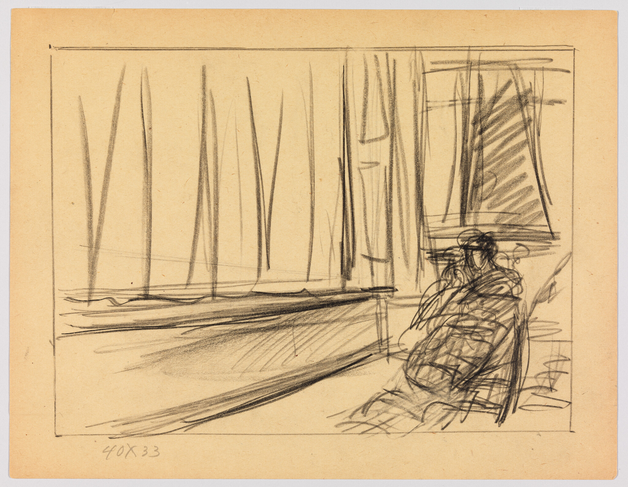 A person sits by a large window gazing outside amid simple pencil sketch lines.