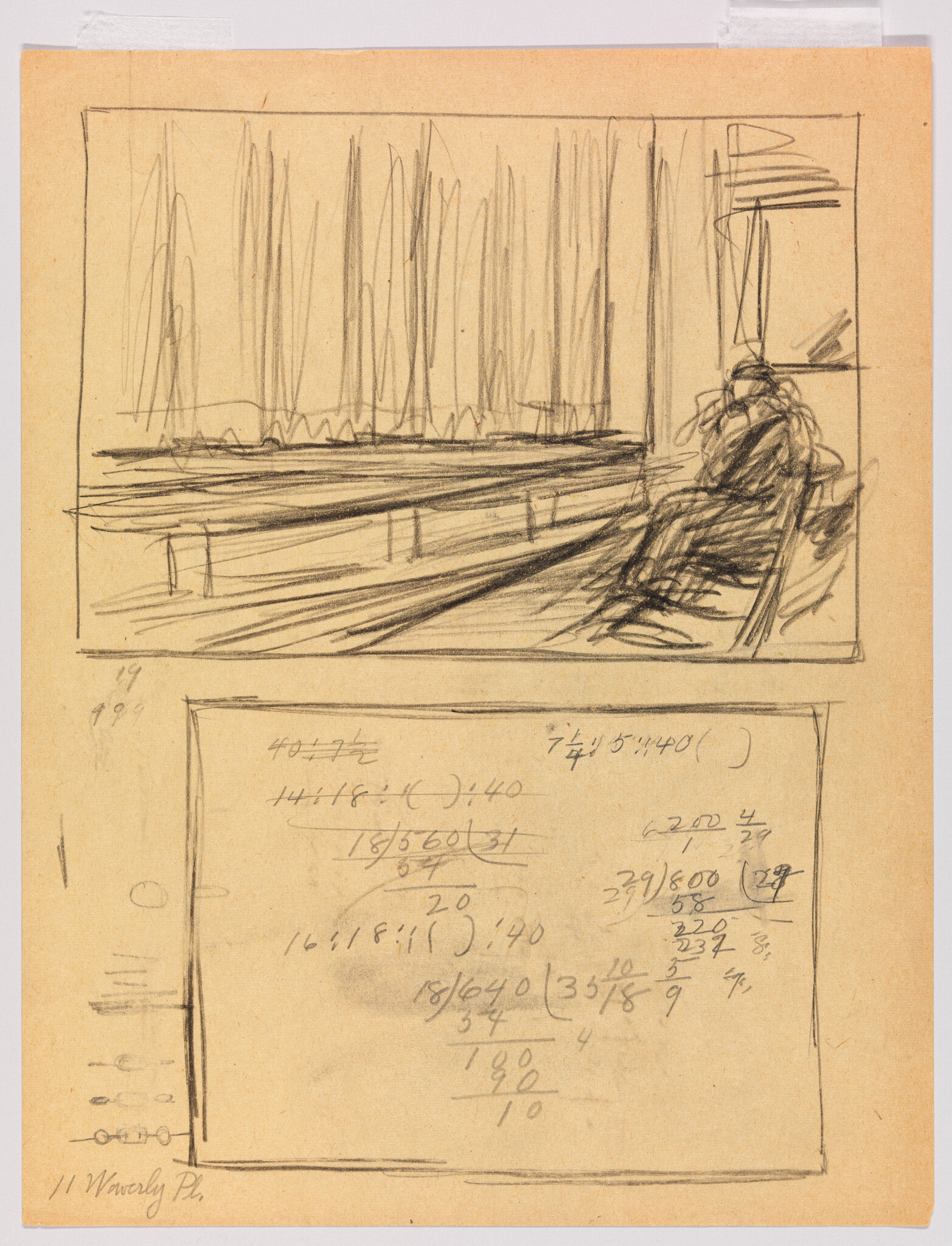 Person sitting on a bench beside tall window with rough pencil scribbles and arithmetic notes below.
