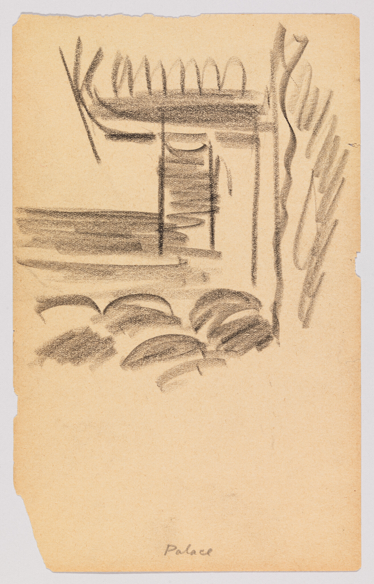 A sketch on tan paper featuring abstract shapes that suggest architectural elements and foliage. The drawing includes vertical lines and curves that resemble columns and arches, with leaf-like forms at the bottom. The word "Palace" is handwritten at the lower right corner. The paper has rough edges, indicating it may have been torn from a larger piece.