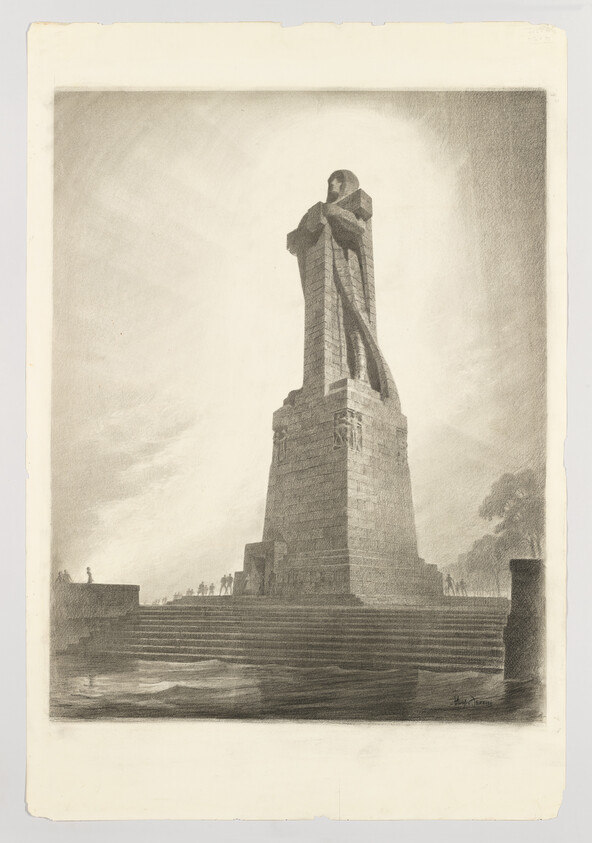 A towering cloaked stone monument rises on wide steps with tiny people nearby.