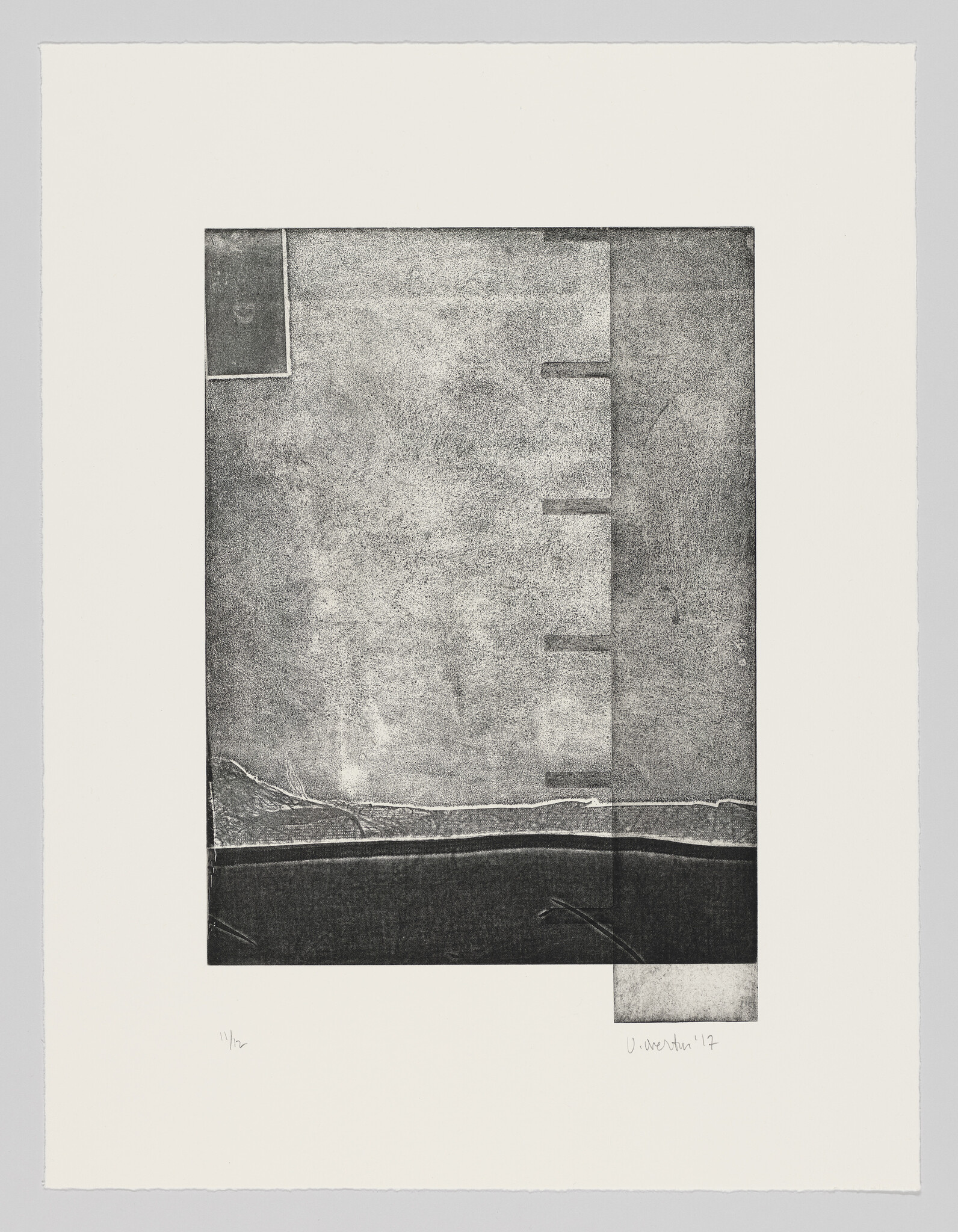 Large abstract monochrome print with textured gray rectangles and a dark horizontal band near the bottom.