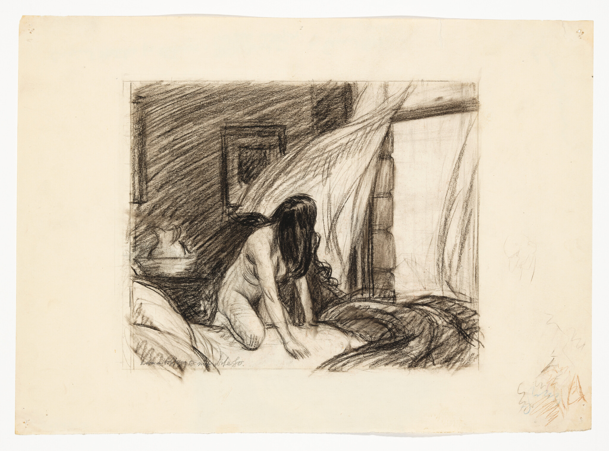 A woman kneels on a bed with long hair leaning toward an open window and billowing curtains.
