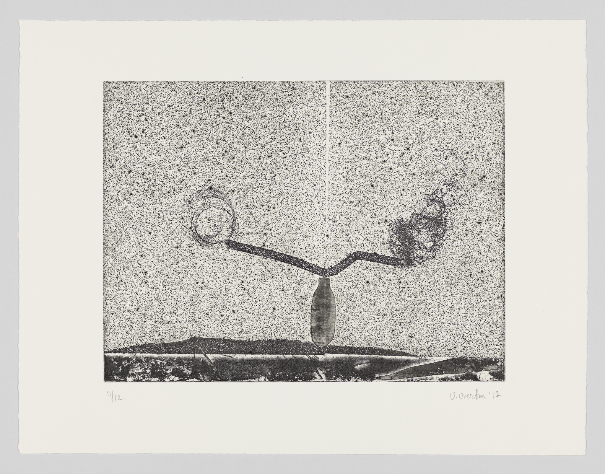 A small bottle balances a bent bar with a circular scribble on the left and tangled scribble on the right.