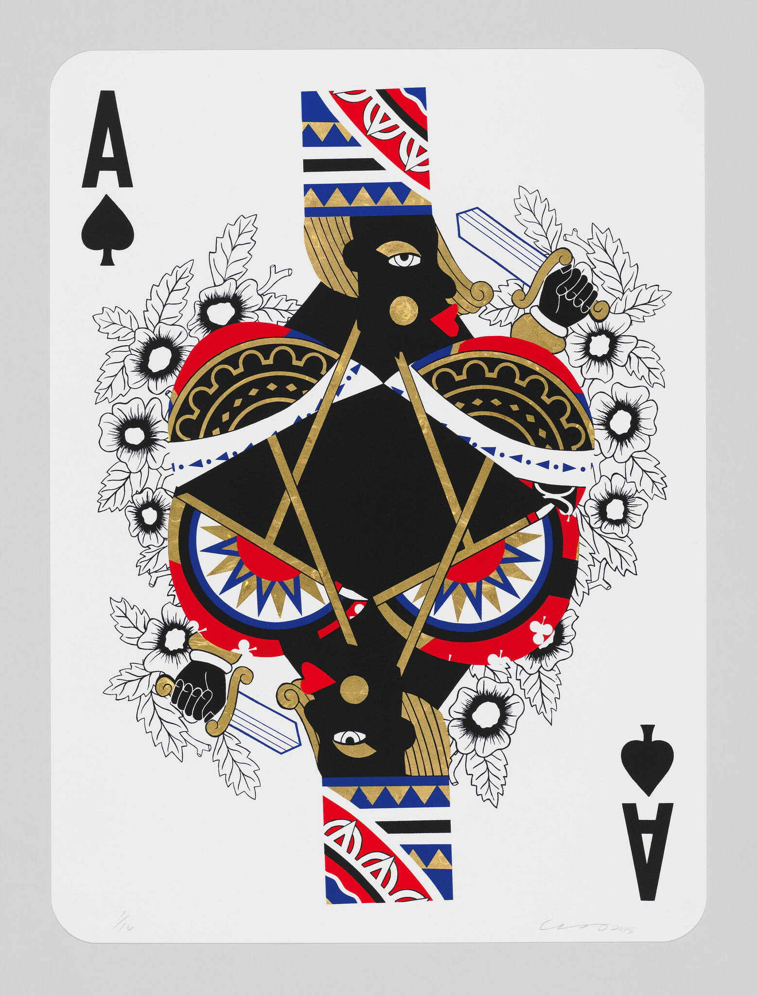 A playing card with a Black figure's mirrored bust at the center. The figure wears a printed cylindrical hat and holds a dagger.