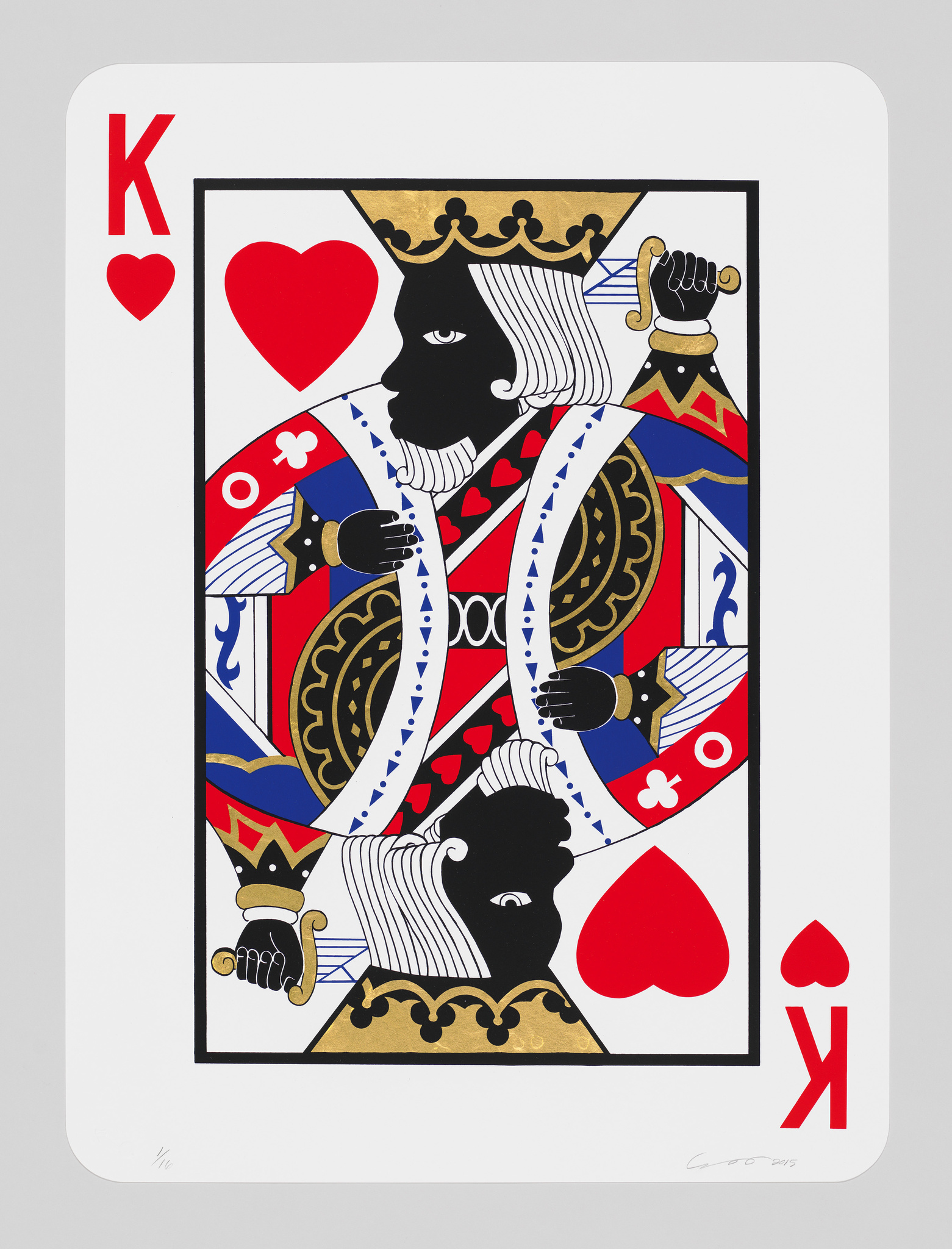 As in a deck of cards, this is the king of hearts card. The double faces are painted black.