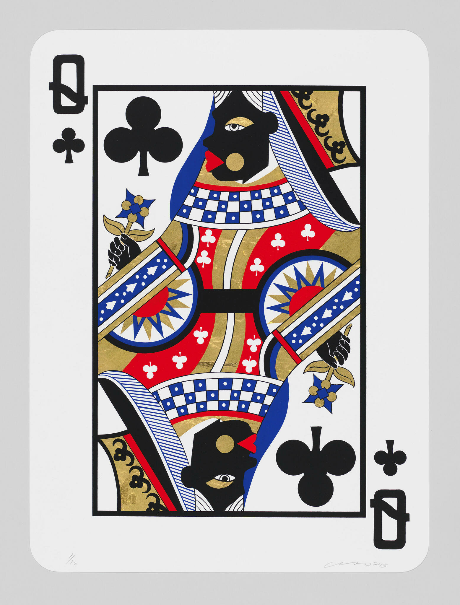 A close-up of a playing card featuring the Queen of Clubs, with intricate details and symbols in red, blue, black, and gold colors. The card is adorned with traditional face card imagery, including a two-way portrait of the queen, floral designs, and club symbols.