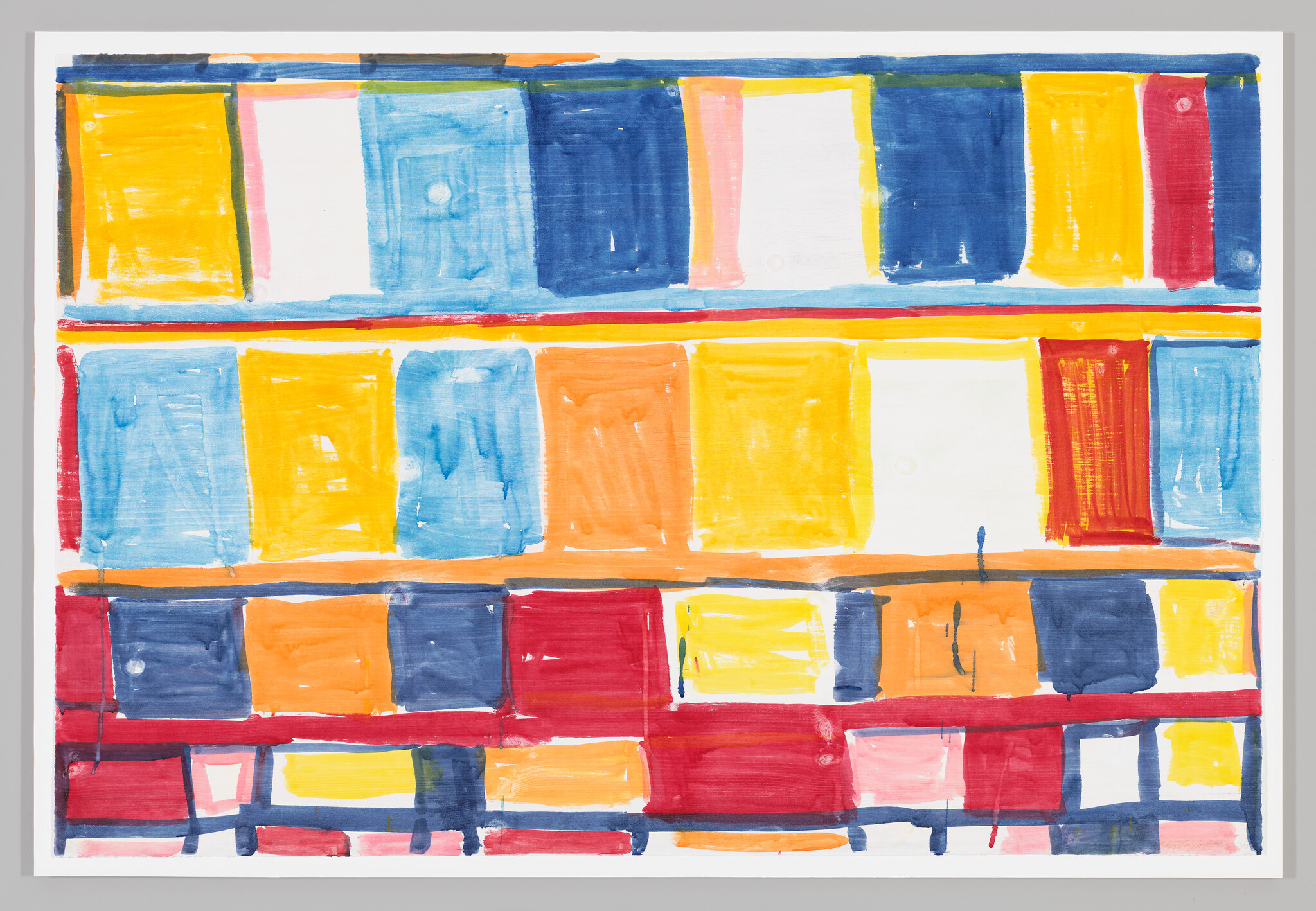 Bright painted rectangles in blue, yellow, orange, and red arranged in three horizontal rows.