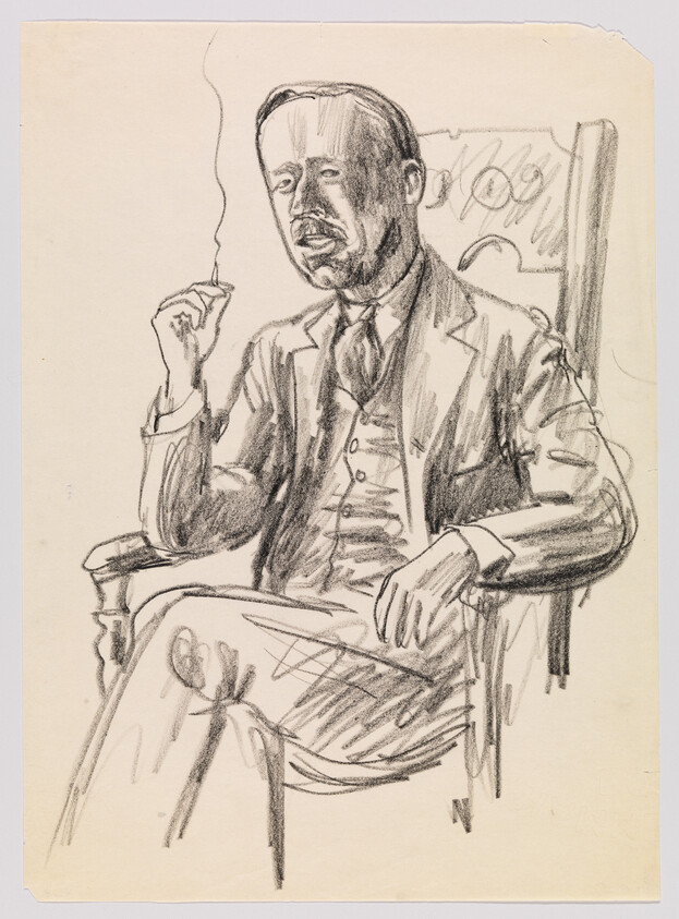 A man in a suit sits in a chair smoking a cigarette, sketched in pencil.