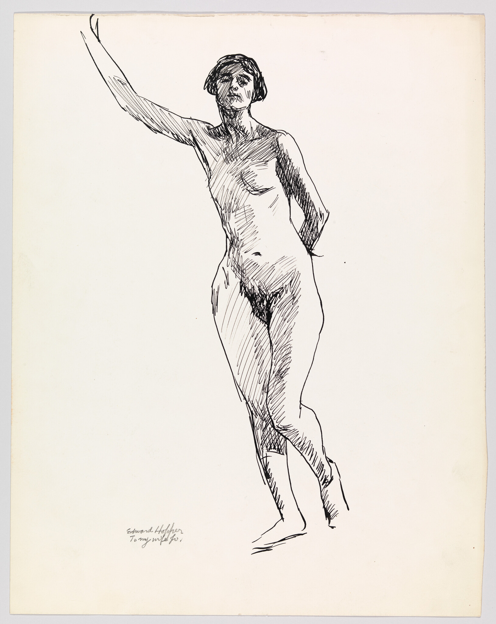 A standing nude woman raises one arm while the other rests behind her back.