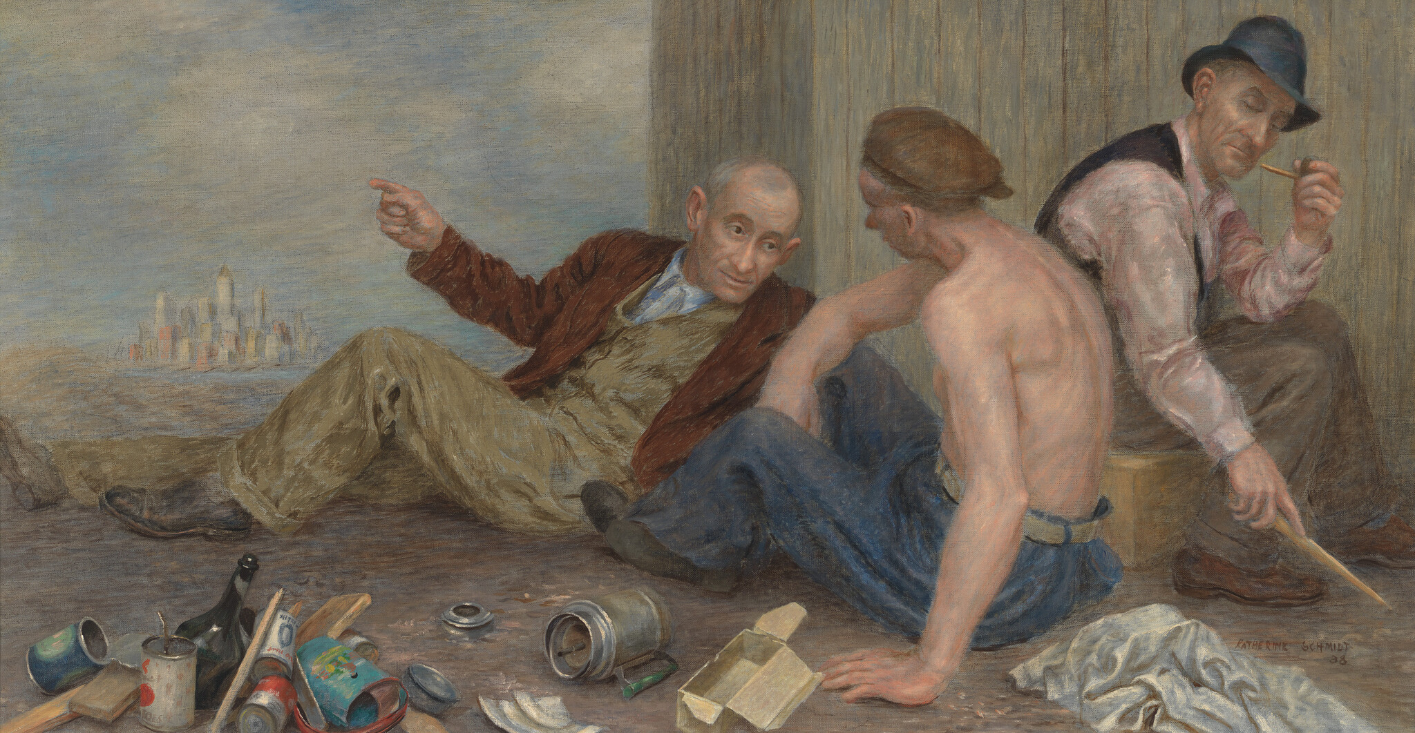 Three men sit on a shoreline with scattered cans as one man points toward a distant city.