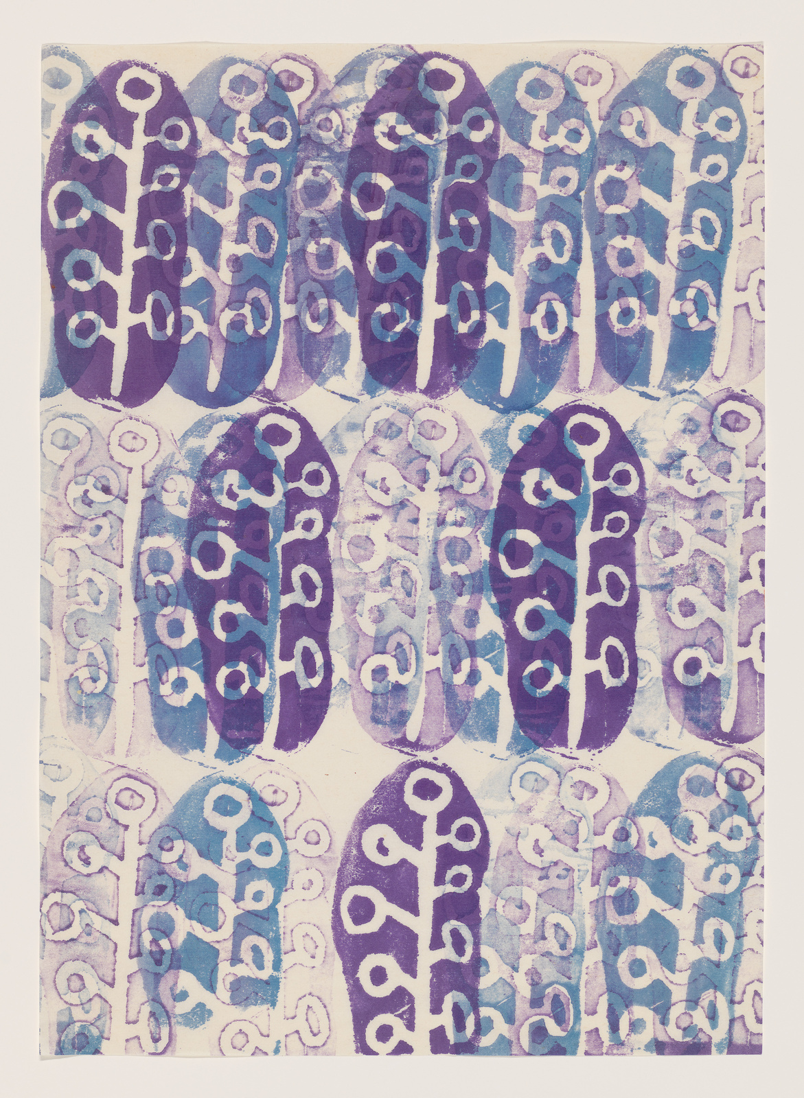 Three rows of a repeating stamped branch within an oval, overlapping horizontally in purples and blues  