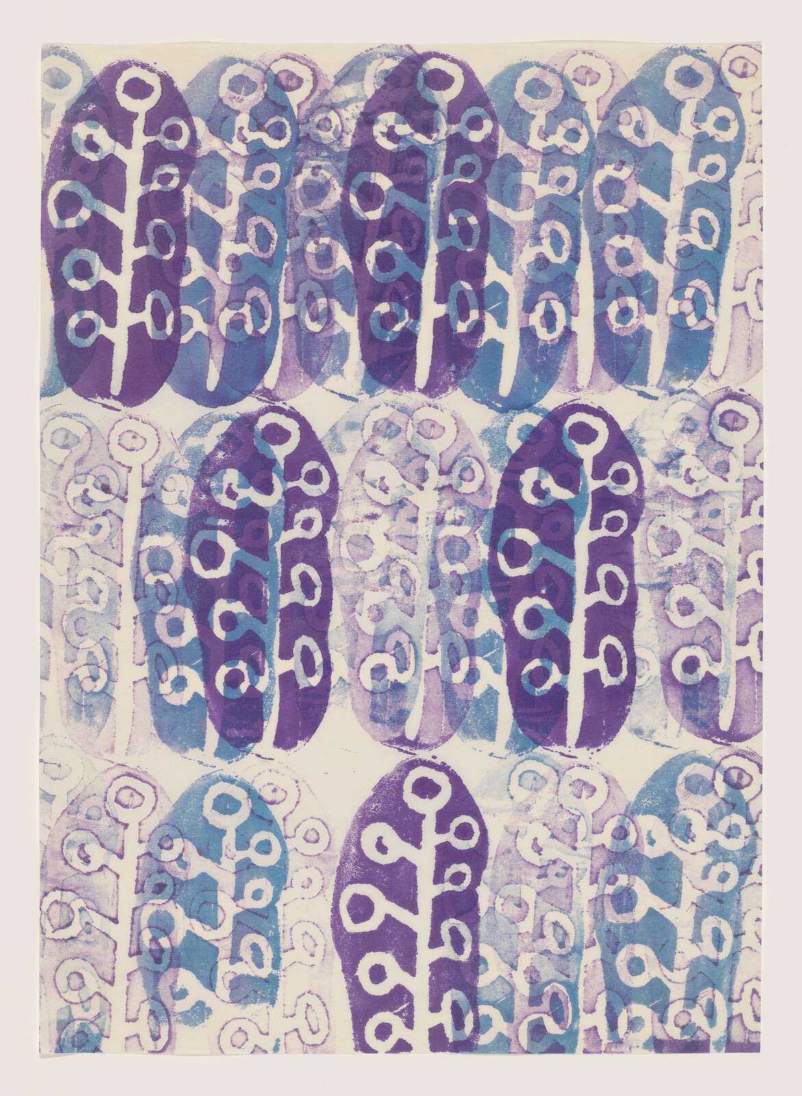 Three rows of a repeating stamped branch within an oval, overlapping horizontally in purples and blues&nbsp;