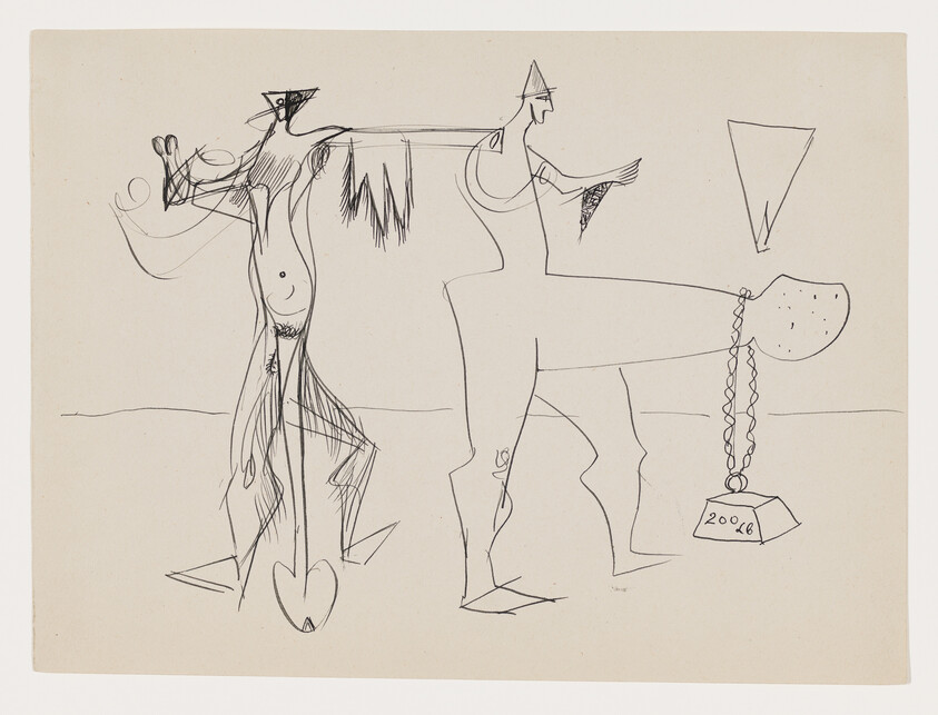 Two stylized figures facing opposite directions connected by an extended arm and dangling chain weight.