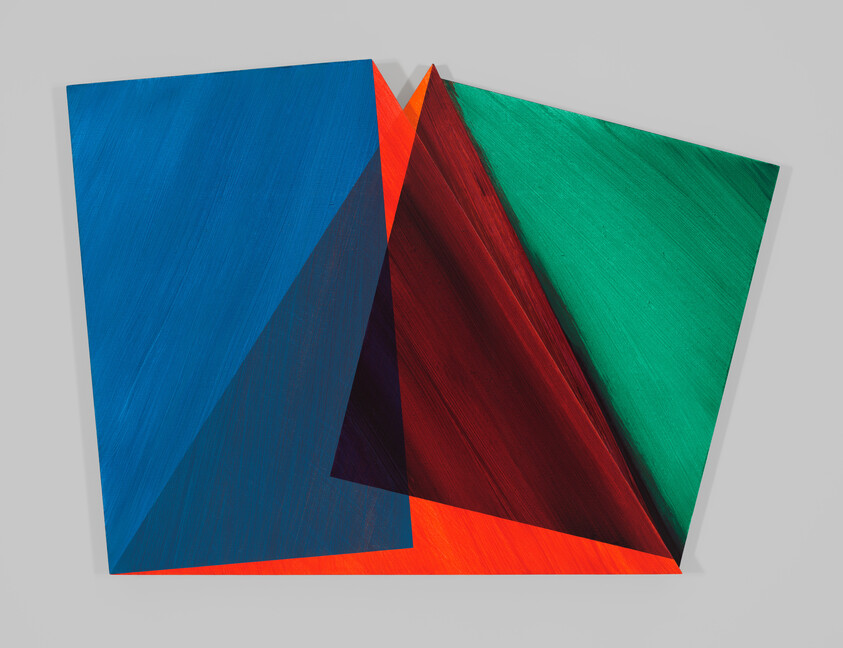 A vibrant abstract painting with geometric shapes in blue, orange, and green, with visible brushstrokes, displayed against a neutral background.