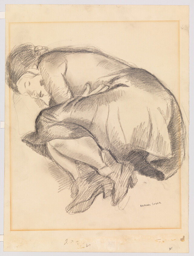 A charcoal sketch of a woman curled up asleep on her side.