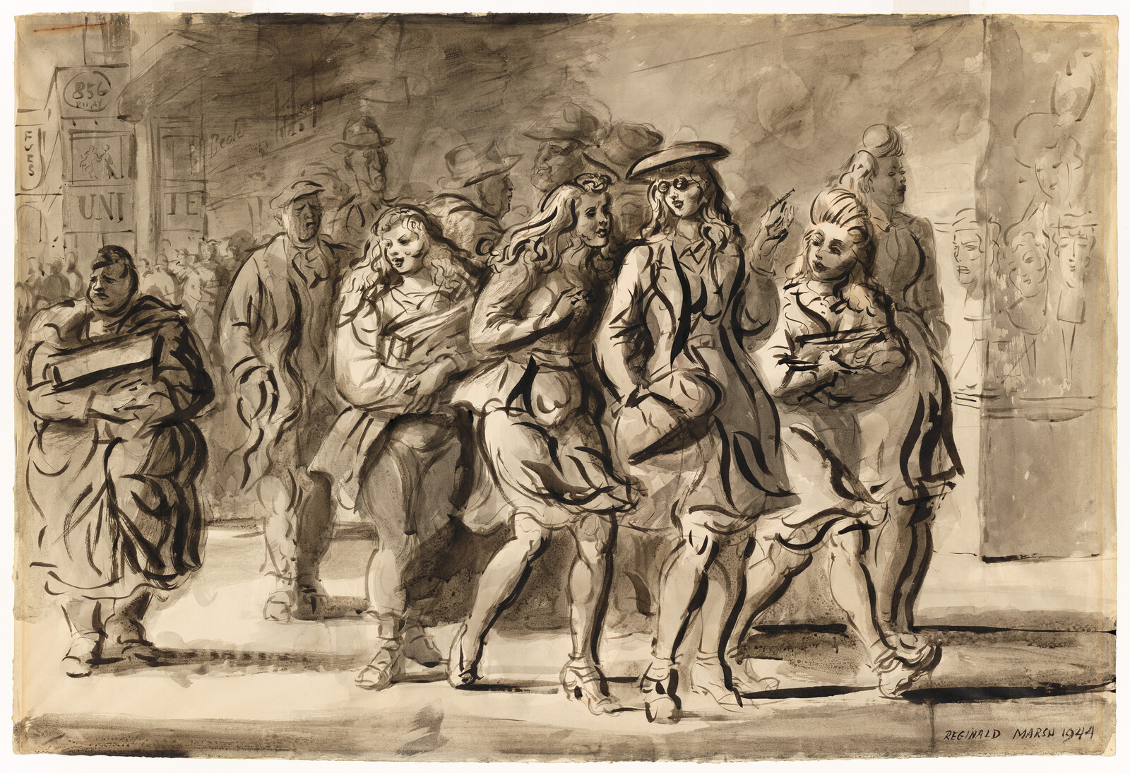 A group of five women walk together down a busy street, chatting and smoking.