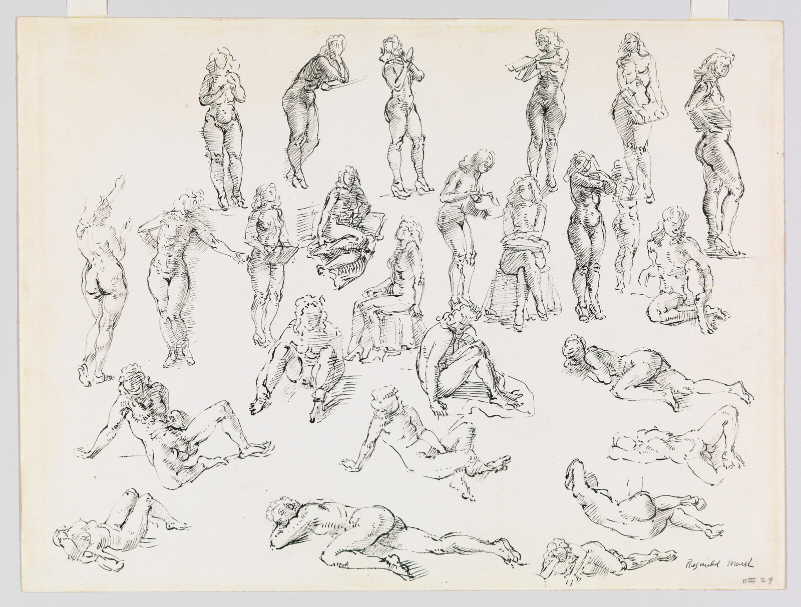 Multiple pen sketches show nude figures in varied standing, seated, and reclining poses across the page.