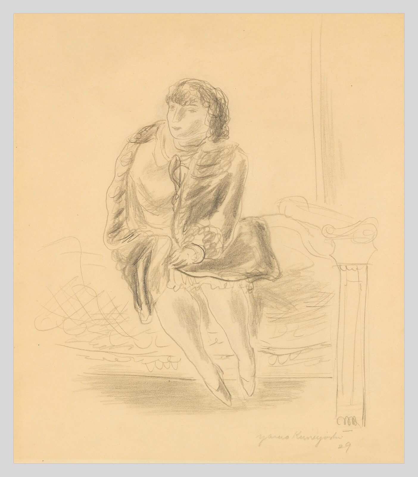 A woman in a dress sits on a bench with hands clasped, gazing to the right.