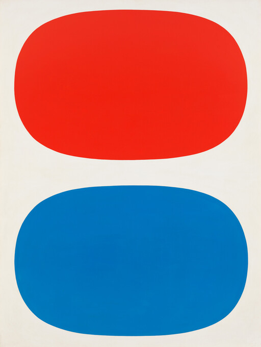 Two large rounded shapes, one red above and one blue below, on a white background.
