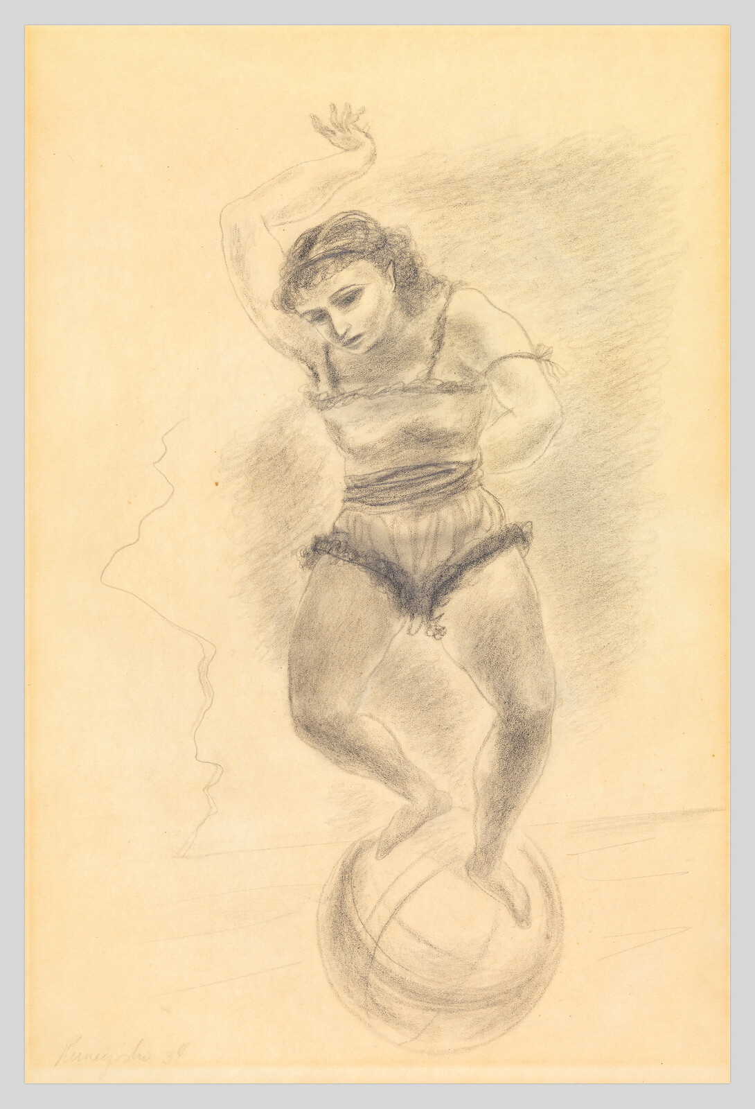 A female acrobat balances carefully on a large ball with one arm raised.