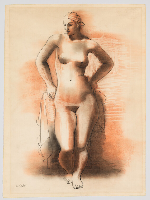 A nude woman stands with hands on hips, leaning against a draped cloth backdrop.