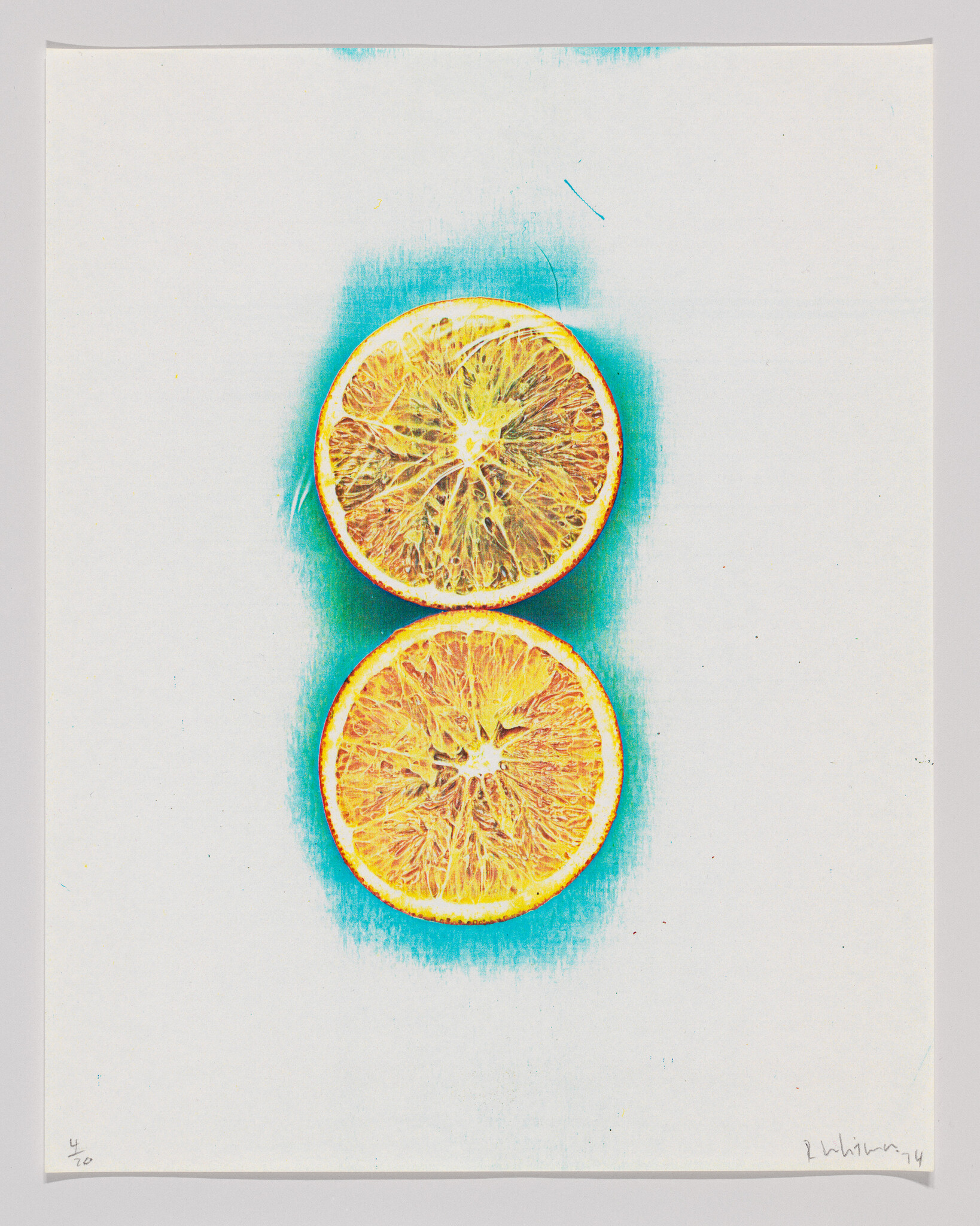 Two vibrant orange slices with a blue shadow on a white background, signed by the artist.