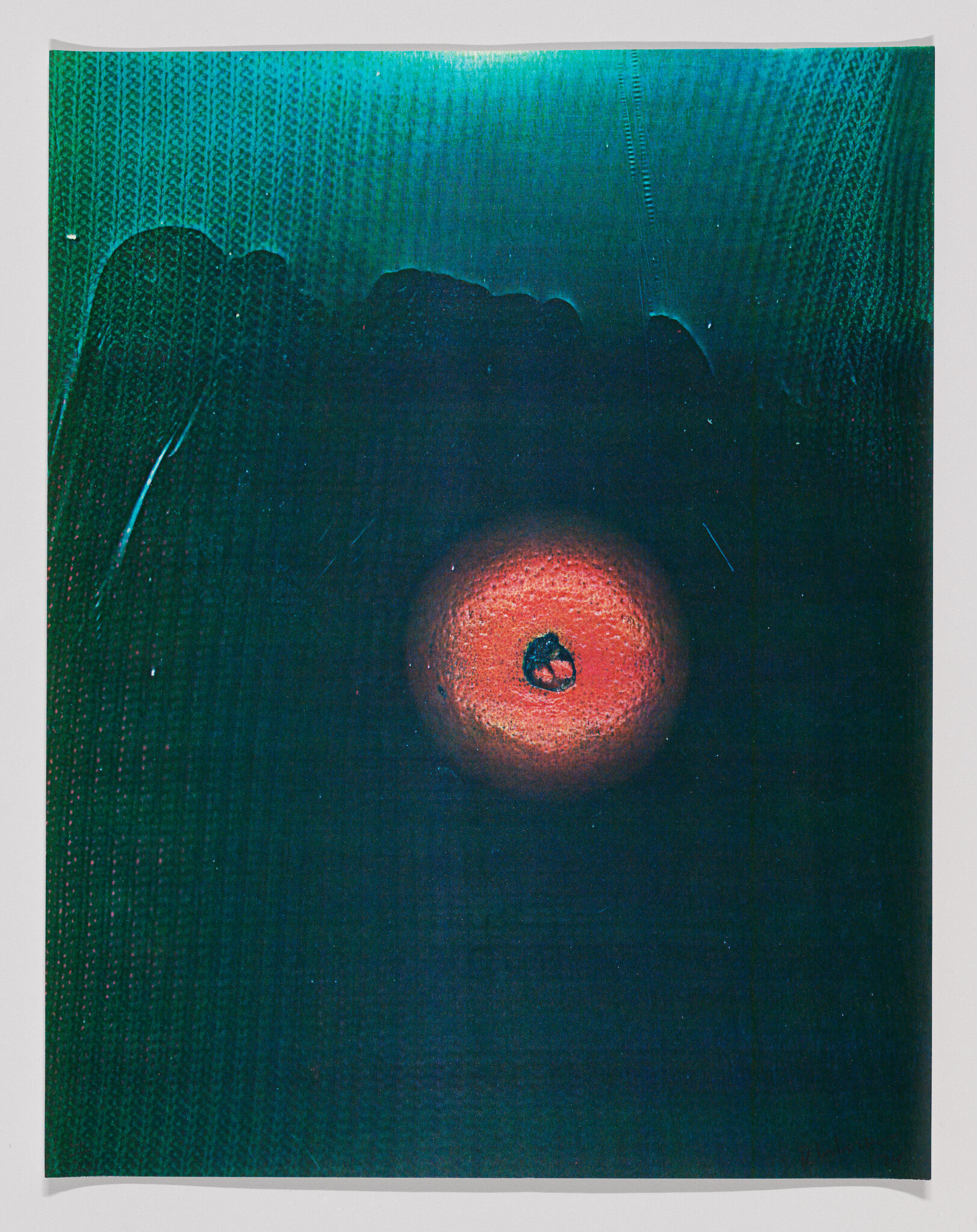 Abstract painting with a textured green background and a central red-orange circle resembling an eye.